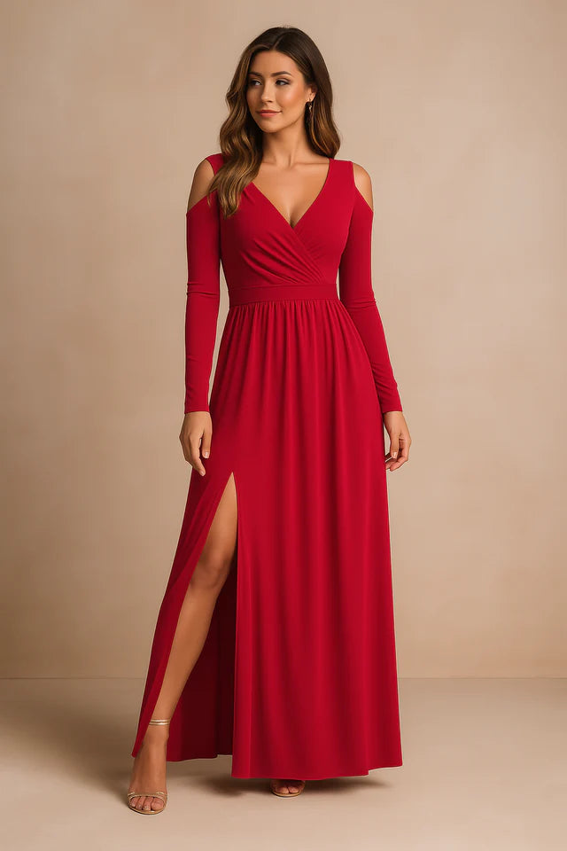 Analena | Women’s V Neck High Slit Long Sleeve Flowy Maxi Dress