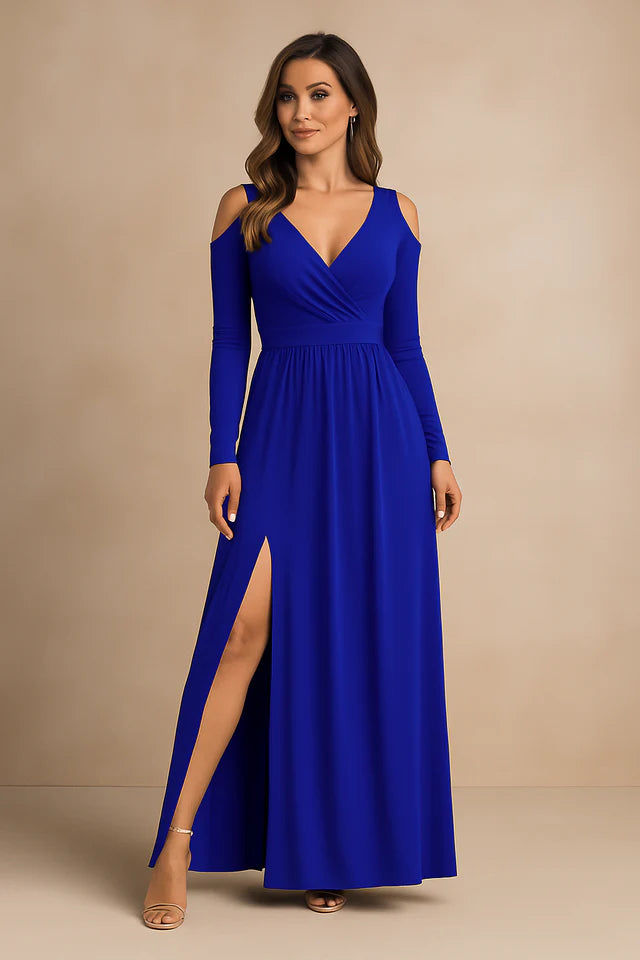 Analena | Women’s V Neck High Slit Long Sleeve Flowy Maxi Dress