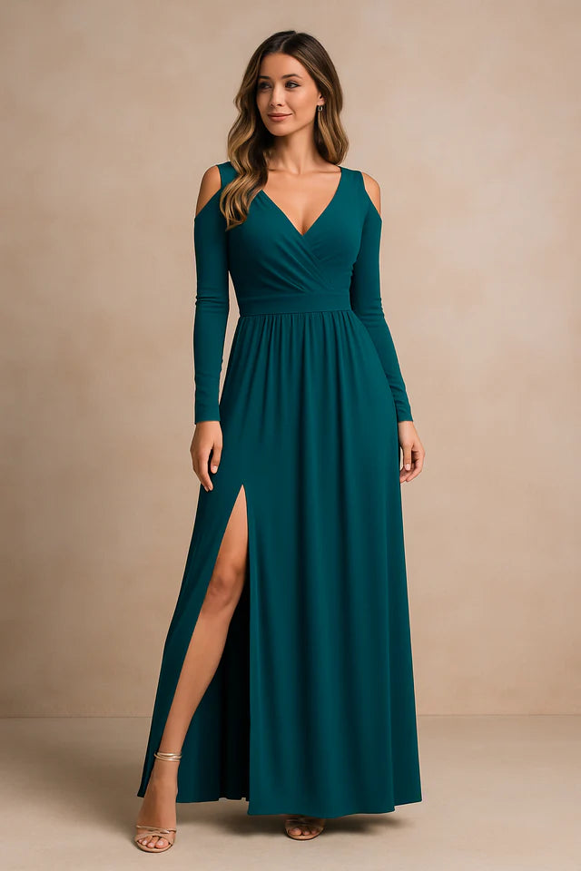 Analena | Women’s V Neck High Slit Long Sleeve Flowy Maxi Dress
