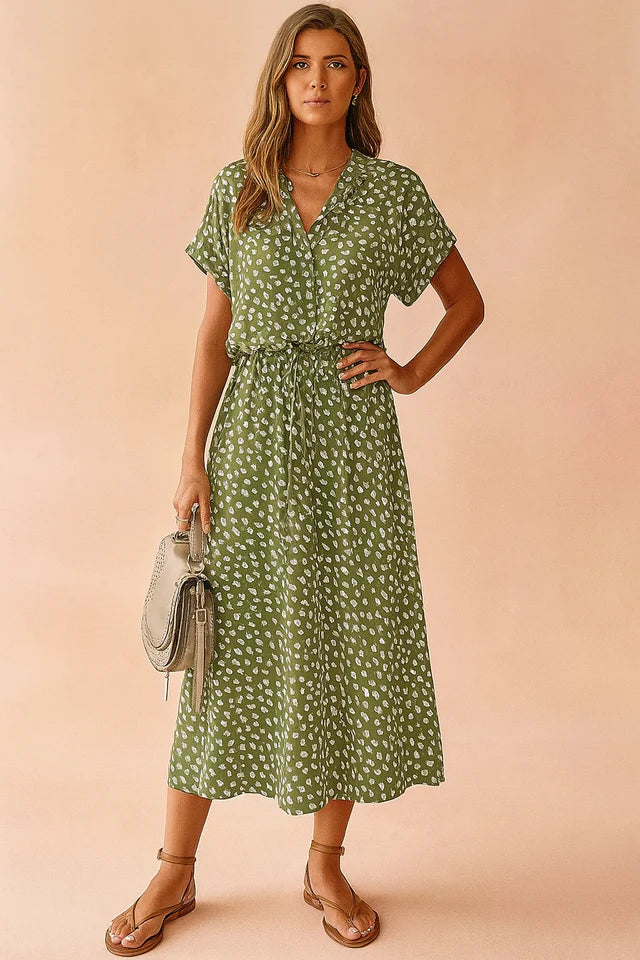 Analisa | Women’s V Neck Button Front Printed Flowy Midi Dress