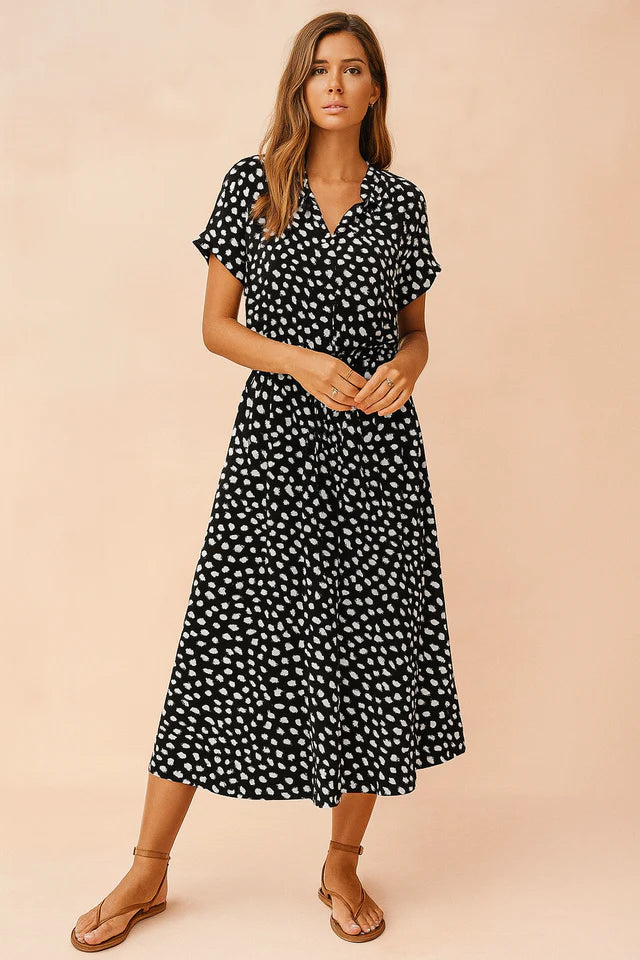 Analisa | Women’s V Neck Button Front Printed Flowy Midi Dress