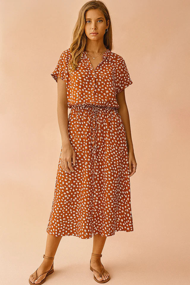 Analisa | Women’s V Neck Button Front Printed Flowy Midi Dress