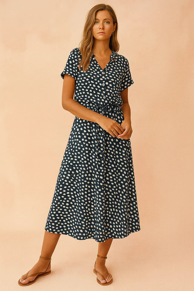 Analisa | Women’s V Neck Button Front Printed Flowy Midi Dress