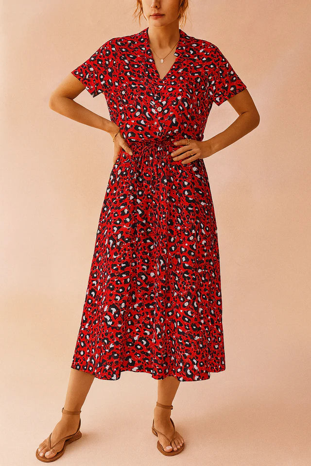 Analisa | Women’s V Neck Button Front Printed Flowy Midi Dress
