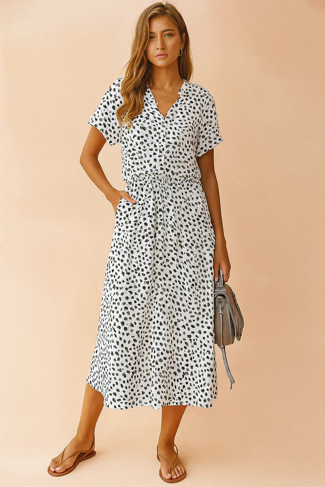 Analisa | Women’s V Neck Button Front Printed Flowy Midi Dress