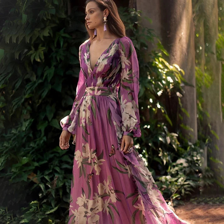 Angela | Women’s V Neck Long Sleeve Floral Maxi Dress