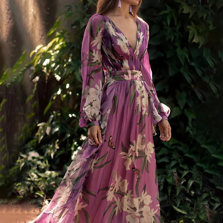 Angela | Women’s V Neck Long Sleeve Floral Maxi Dress