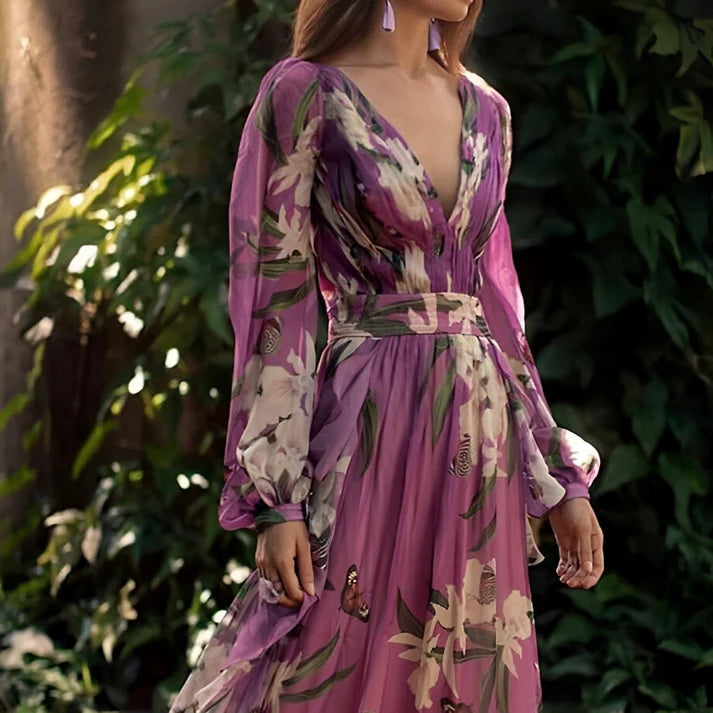 Angela | Women’s V Neck Long Sleeve Floral Maxi Dress