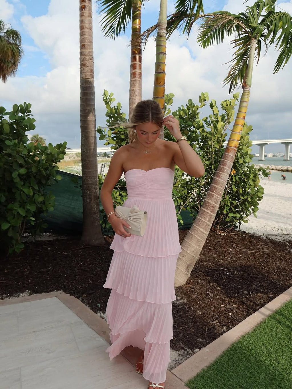 Angeline | Women’s Pleated Tiered Strapless Pink Wedding Guest Dress