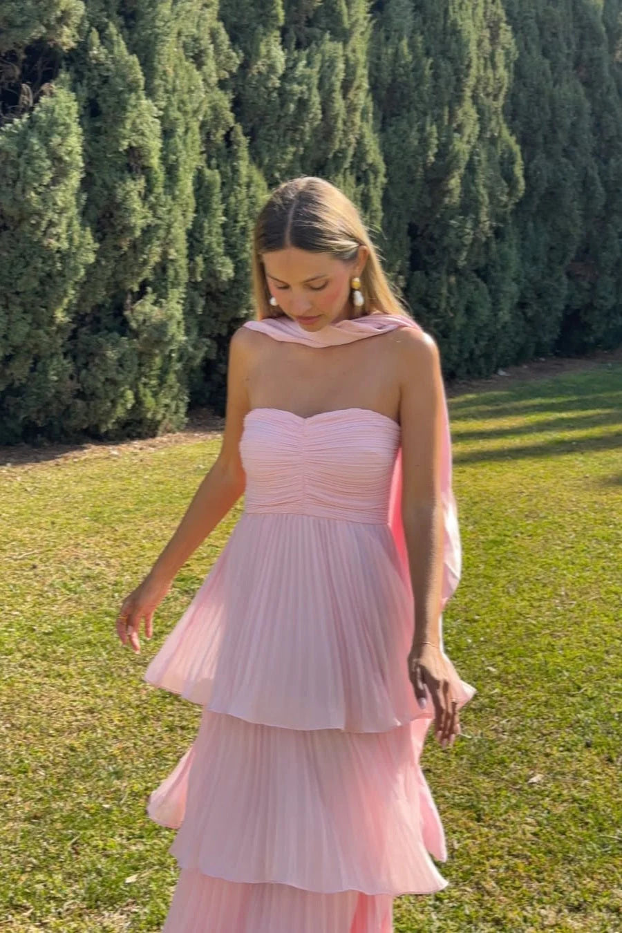 Angeline | Women’s Pleated Tiered Strapless Pink Wedding Guest Dress