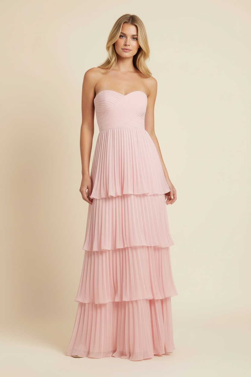 Angeline | Women’s Pleated Tiered Strapless Pink Wedding Guest Dress