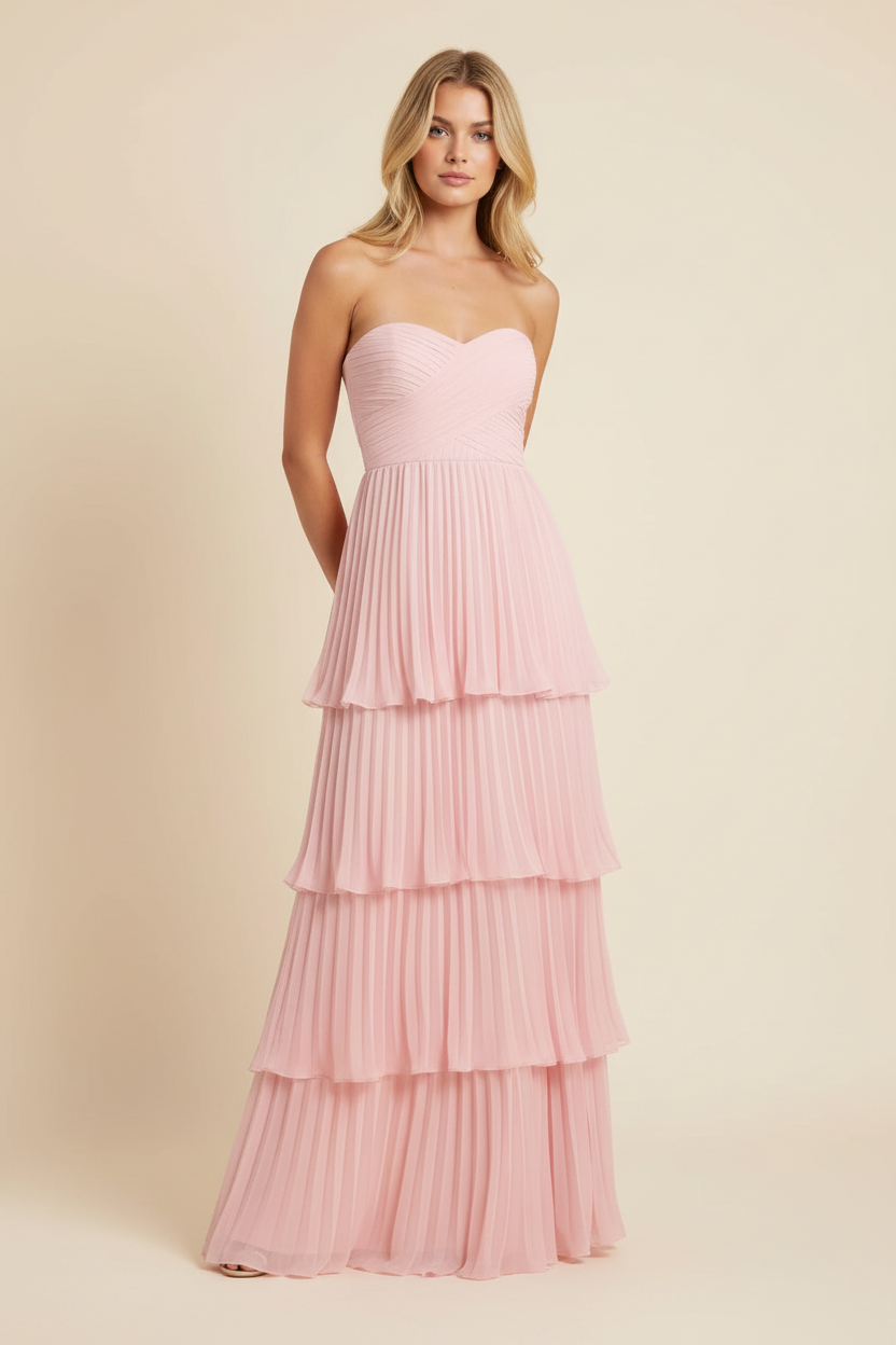 Angeline | Women’s Pleated Tiered Strapless Pink Wedding Guest Dress