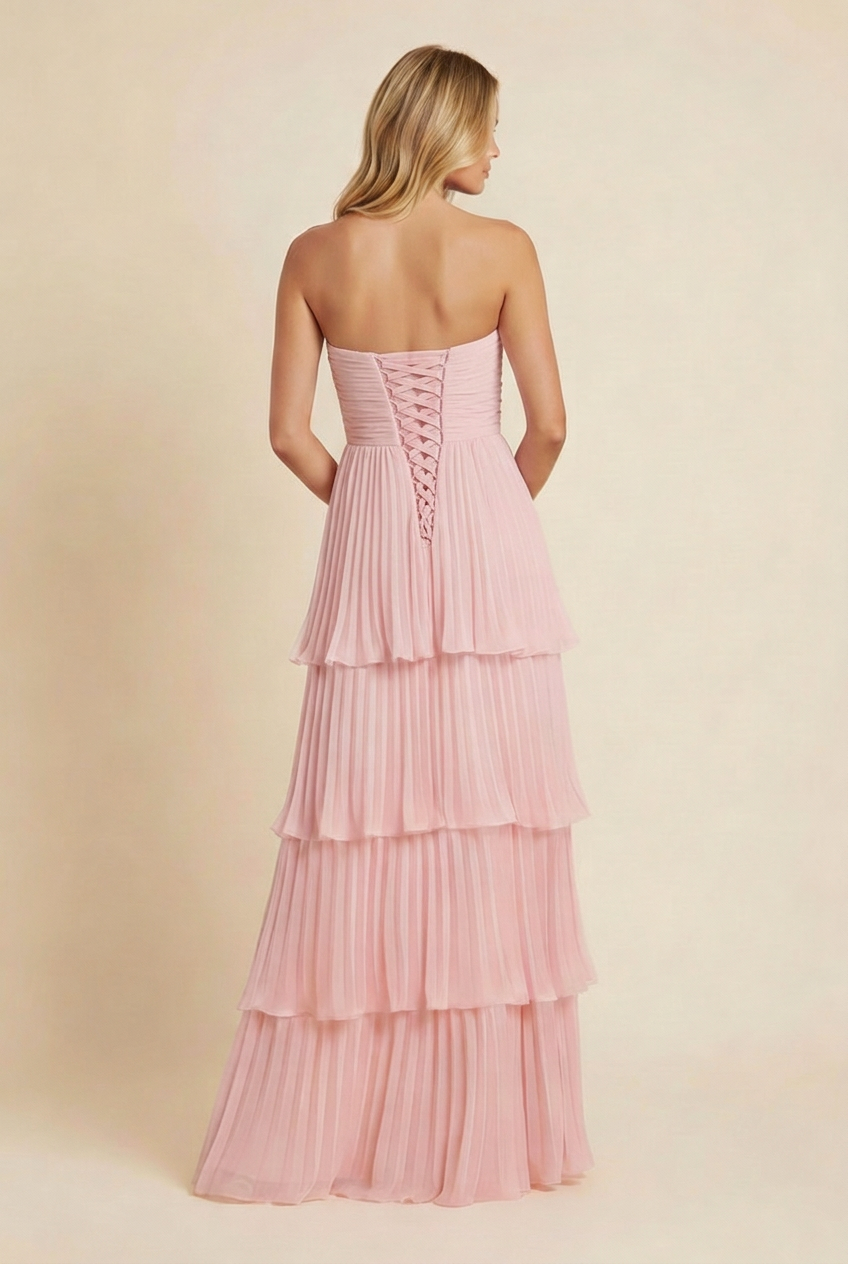 Angeline | Women’s Pleated Tiered Strapless Pink Wedding Guest Dress