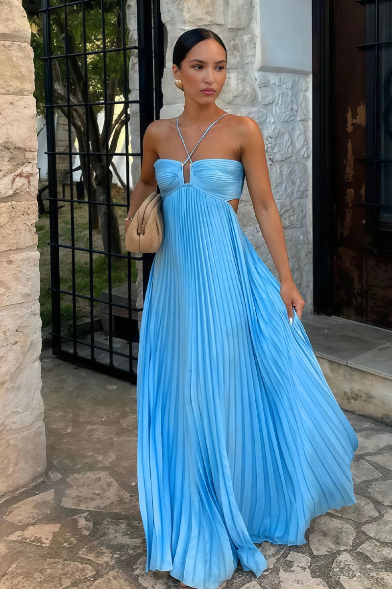 Angelique | Women’s Halter Neck Cut Out Pleated Maxi Dress