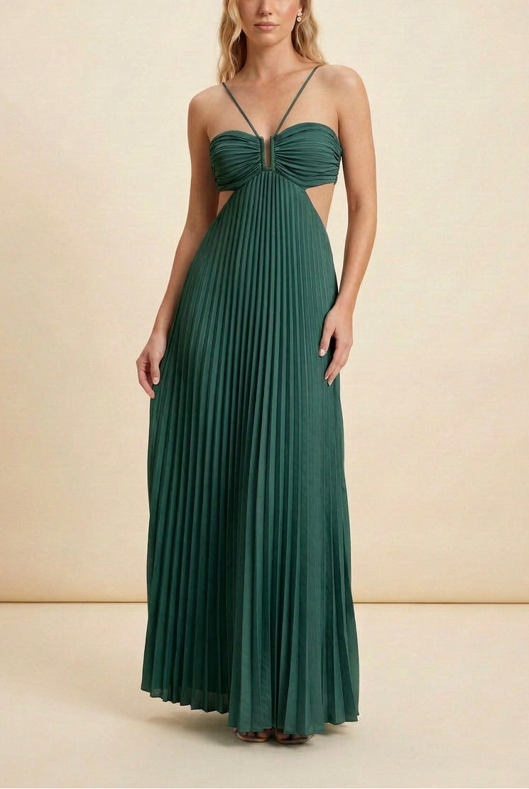 Angelique | Women’s Halter Neck Cut Out Pleated Maxi Dress
