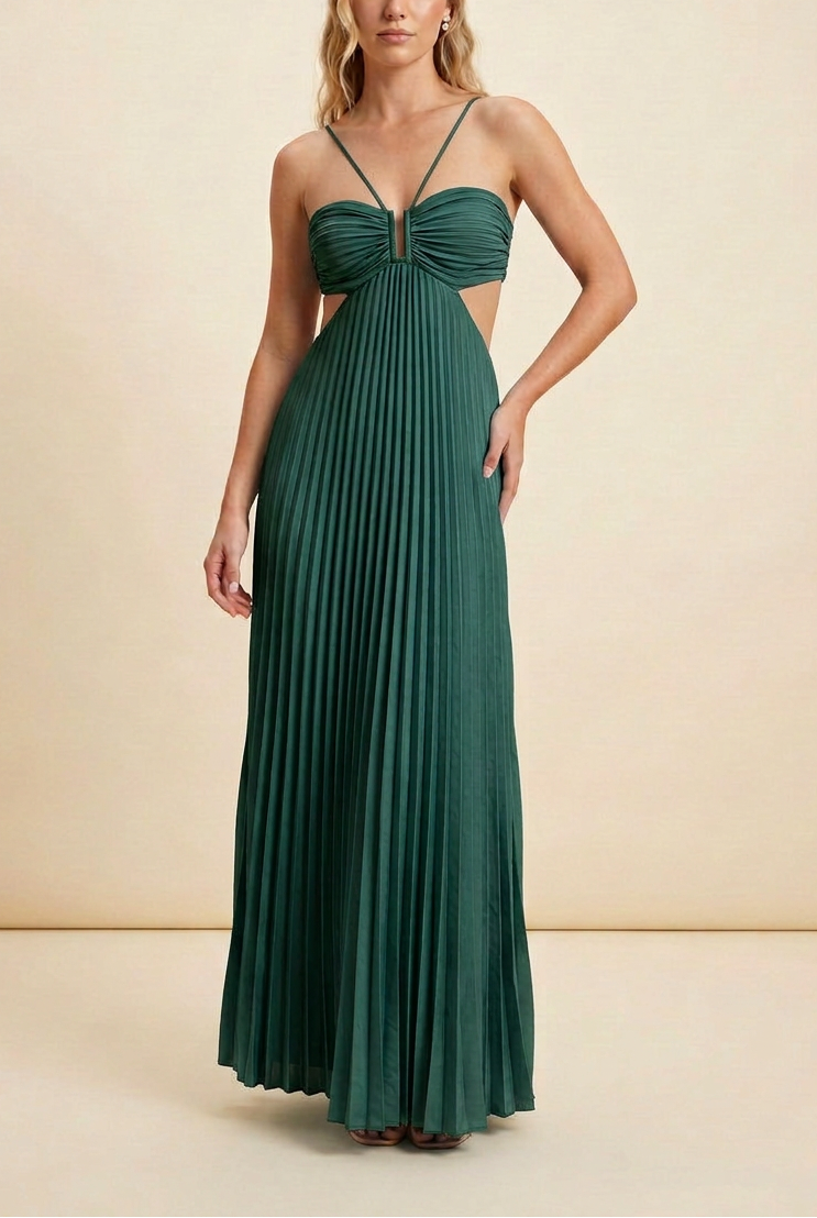 Angelique | Women’s Halter Neck Cut Out Pleated Maxi Dress
