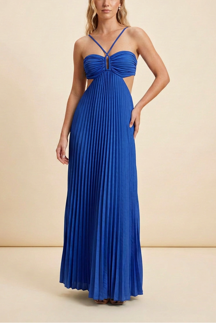Angelique | Women’s Halter Neck Cut Out Pleated Maxi Dress