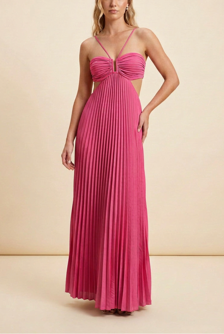 Angelique | Women’s Halter Neck Cut Out Pleated Maxi Dress