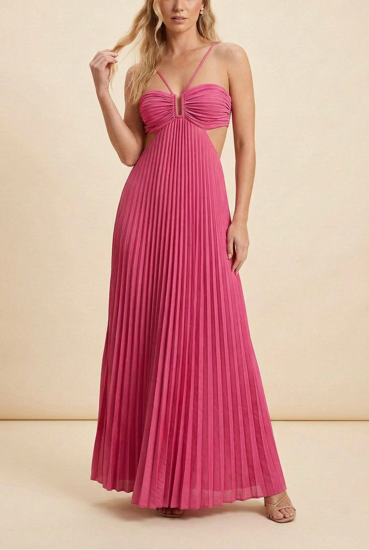 Angelique | Women’s Halter Neck Cut Out Pleated Maxi Dress
