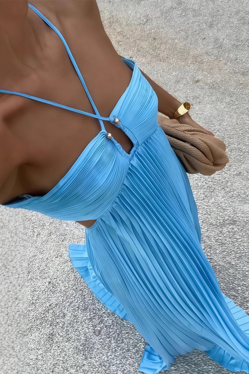 Angelique | Women’s Halter Neck Cut Out Pleated Maxi Dress