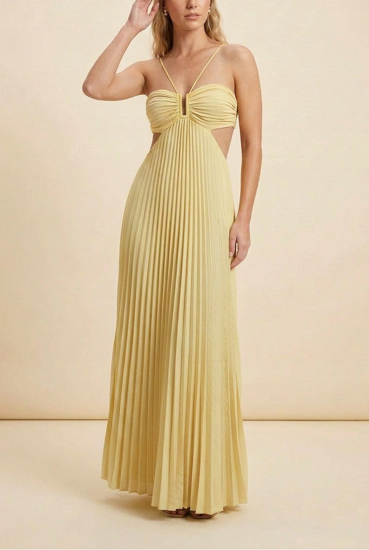 Angelique | Women’s Halter Neck Cut Out Pleated Maxi Dress
