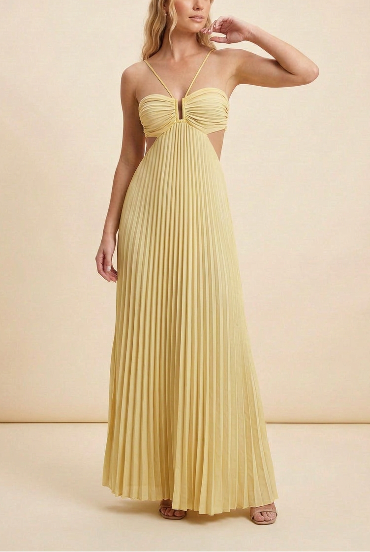 Angelique | Women’s Halter Neck Cut Out Pleated Maxi Dress