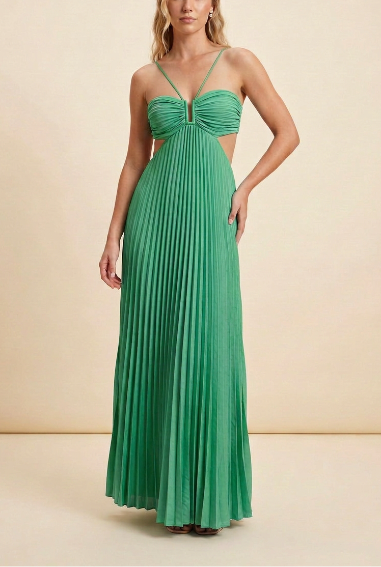 Angelique | Women’s Halter Neck Cut Out Pleated Maxi Dress