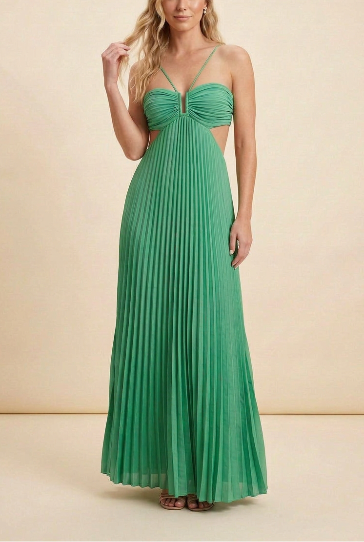 Angelique | Women’s Halter Neck Cut Out Pleated Maxi Dress