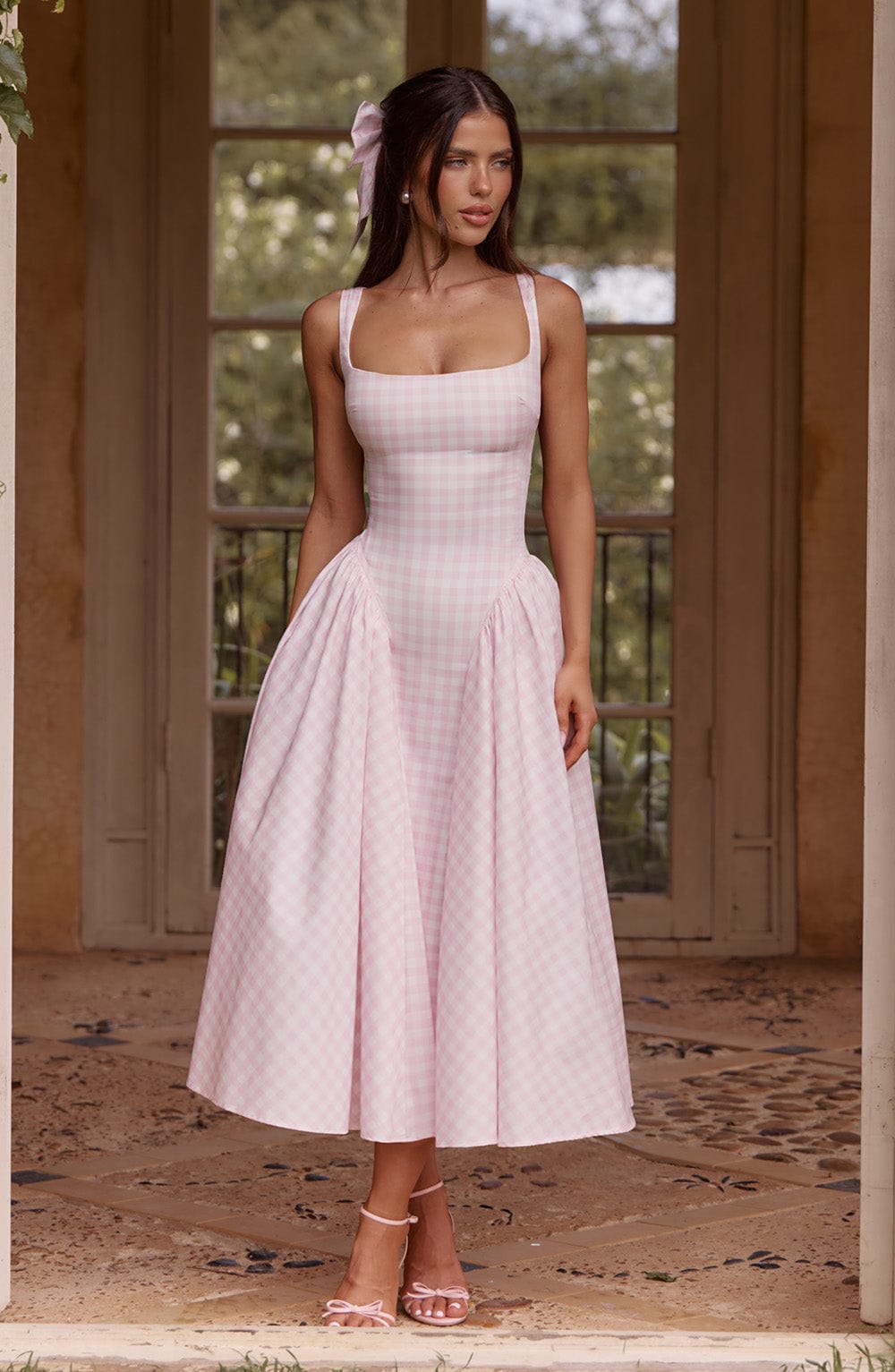 Angie | Women’s Square Neck Sleeveless Gingham Midi Dress