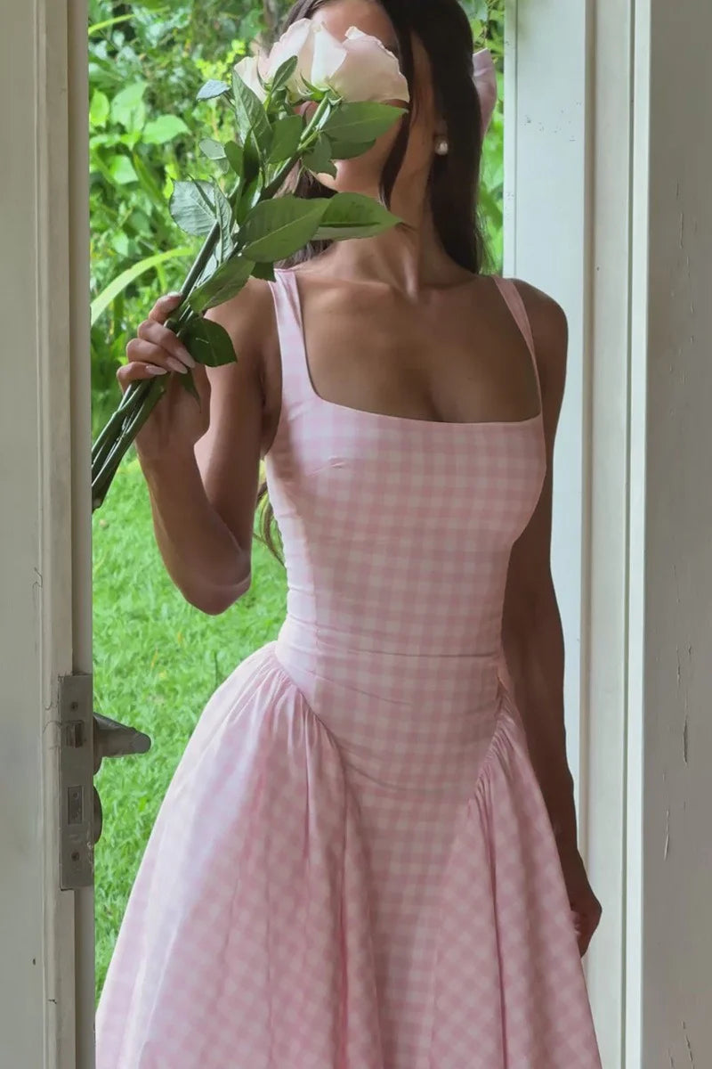 Angie | Women’s Square Neck Sleeveless Gingham Midi Dress