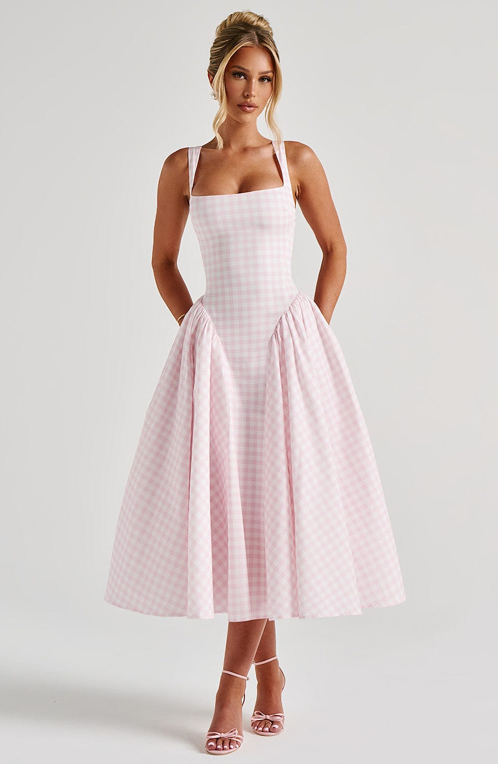 Angie | Women’s Square Neck Sleeveless Gingham Midi Dress