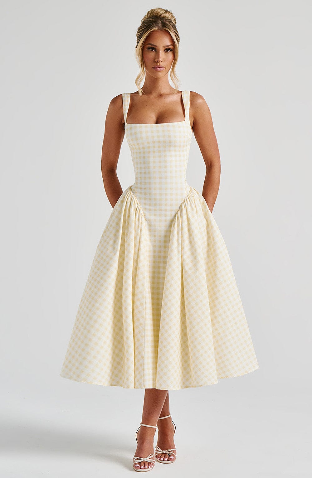 Angie | Women’s Square Neck Sleeveless Gingham Midi Dress