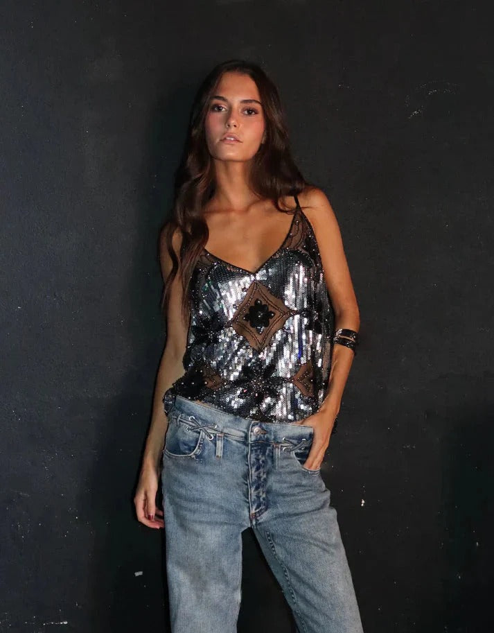 Anise | Women’s Sparkly Sleeveless V Neck Sequin Top