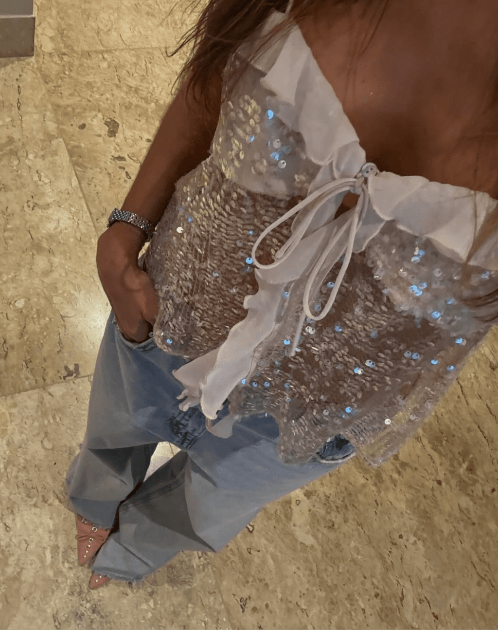 Aniya | Women’s Sparkly Tie Front Sleeveless White Top