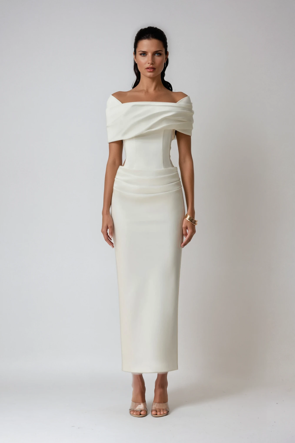 Anne | Women’s Ruched Off Shoulder White Wedding Guest Dress