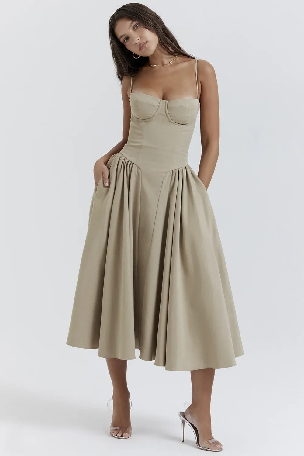 Antoinette | Women’s Sleeveless Balconette Neck Midi Party Dress