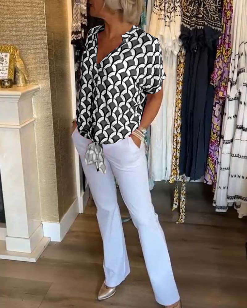 Arleen | Women’s V Neck Geometric Pattern Blouse