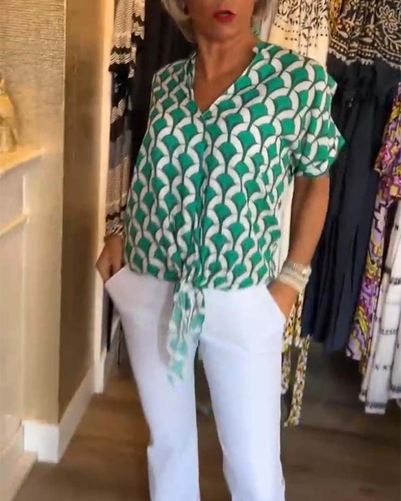 Arleen | Women’s V Neck Geometric Pattern Blouse