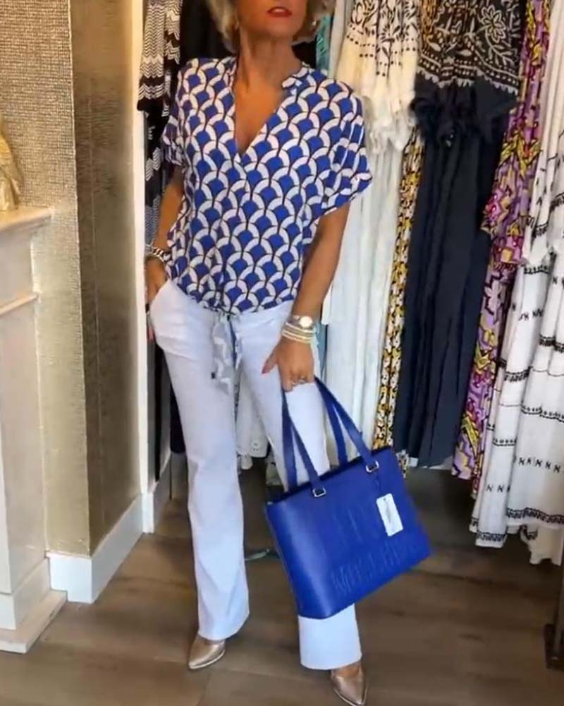 Arleen | Women’s V Neck Geometric Pattern Blouse