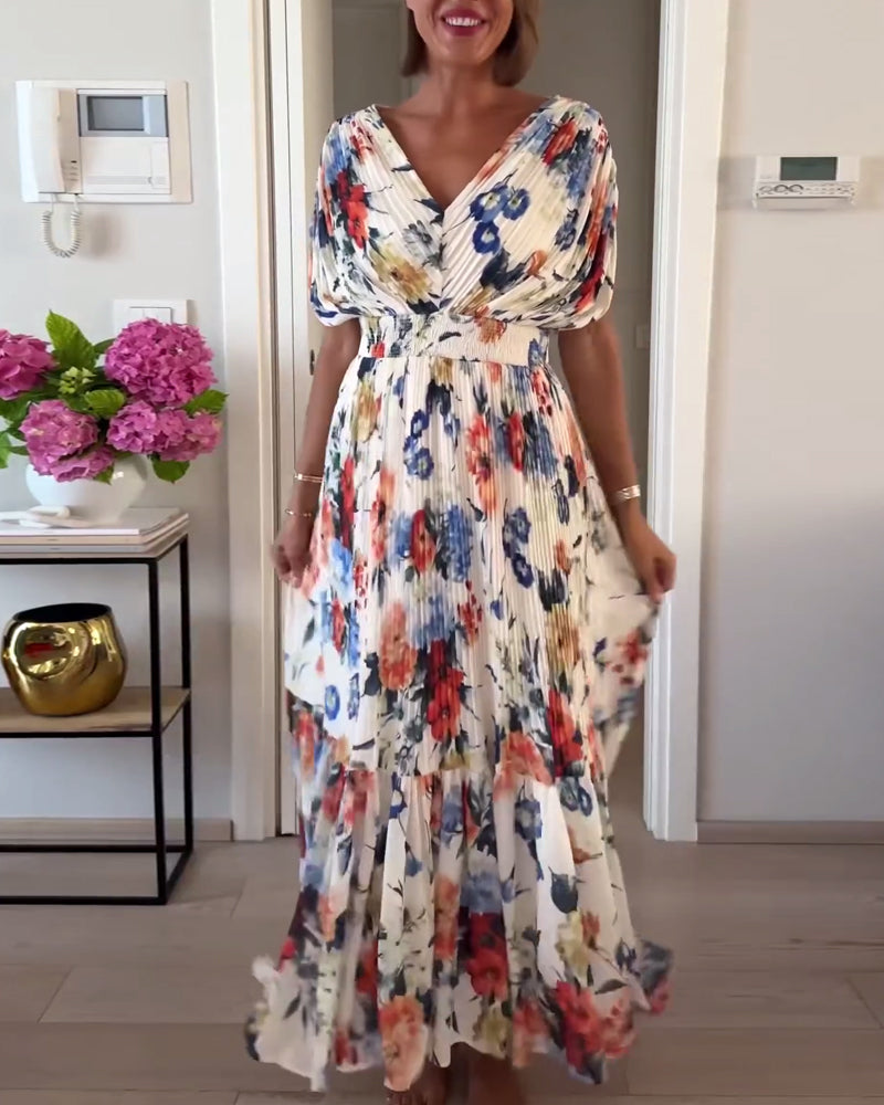 Ashlee | Women’s V Neck Flutter Sleeve Pleated Floral Maxi Dress