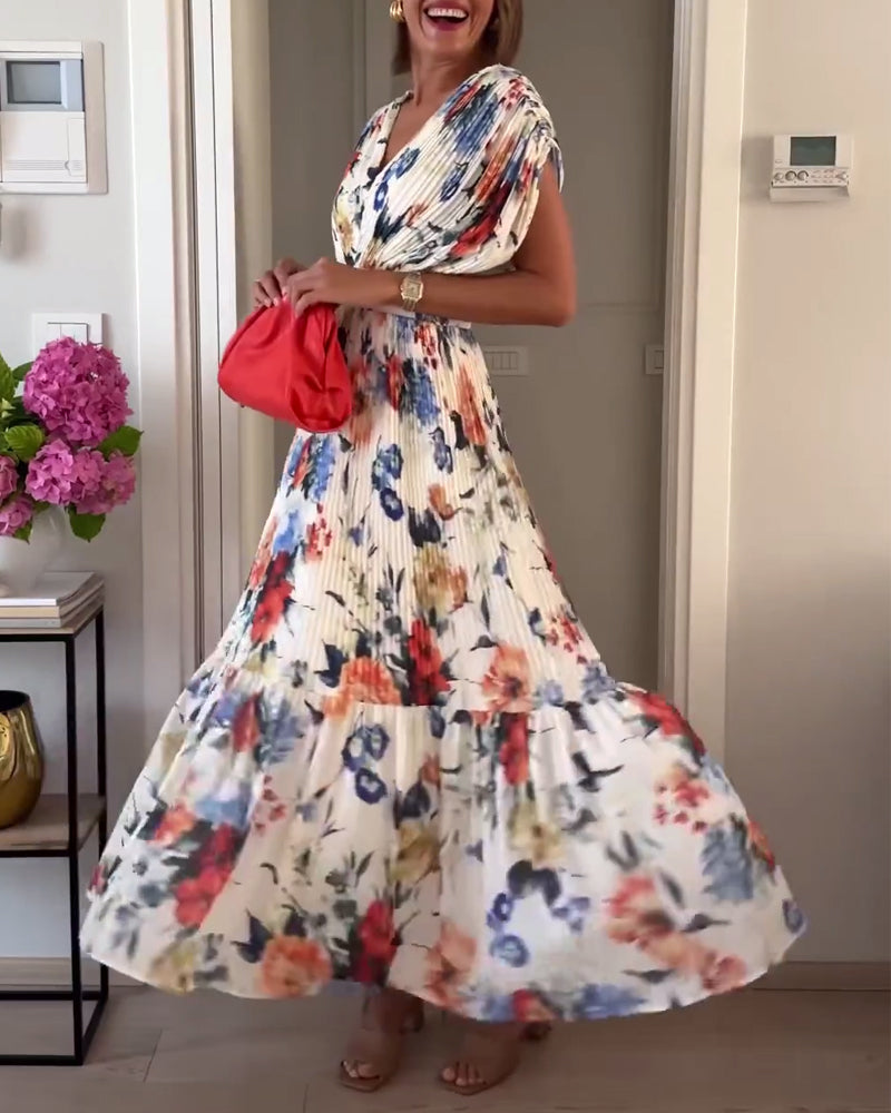 Ashlee | Women’s V Neck Flutter Sleeve Pleated Floral Maxi Dress