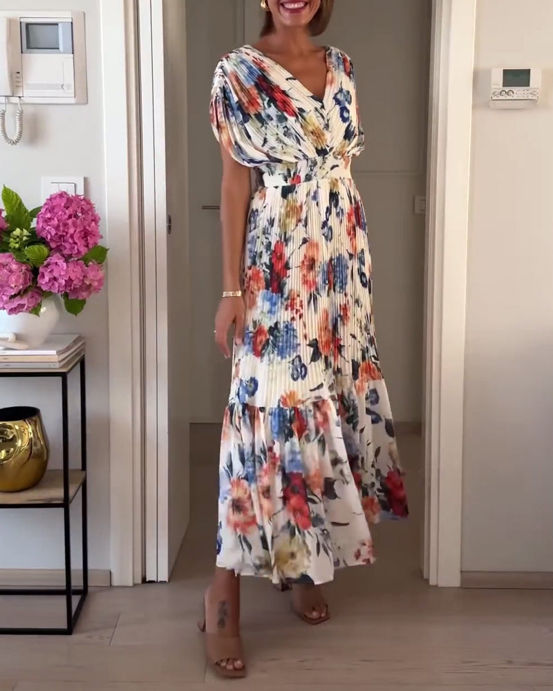 Ashlee | Women’s V Neck Flutter Sleeve Pleated Floral Maxi Dress