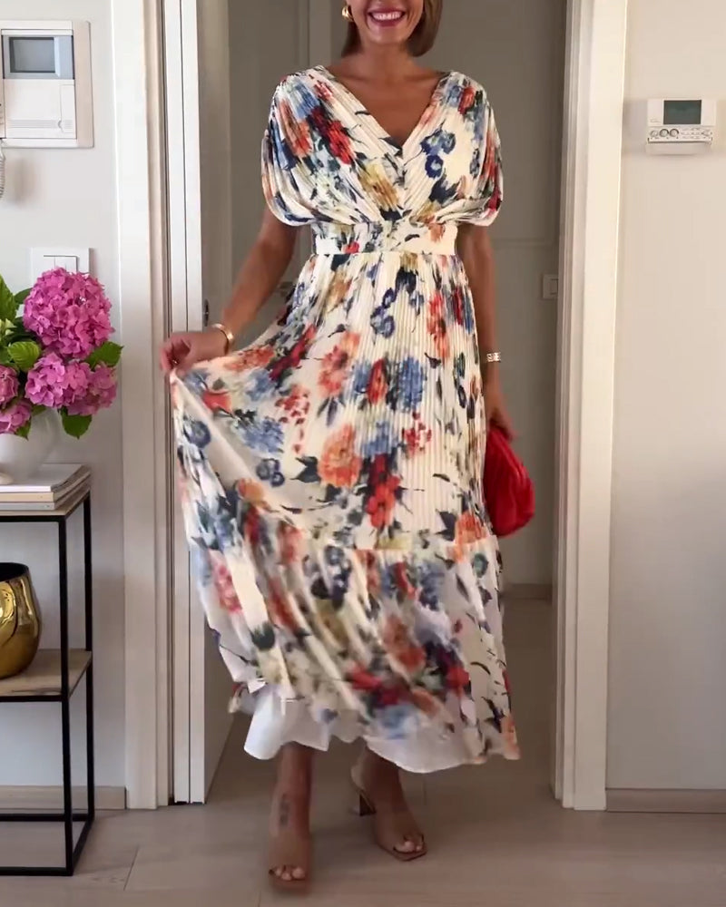 Ashlee | Women’s V Neck Flutter Sleeve Pleated Floral Maxi Dress