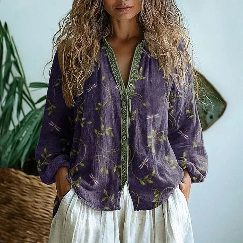 Autumn | Women’s Long Sleeve V Neck Printed Blouse