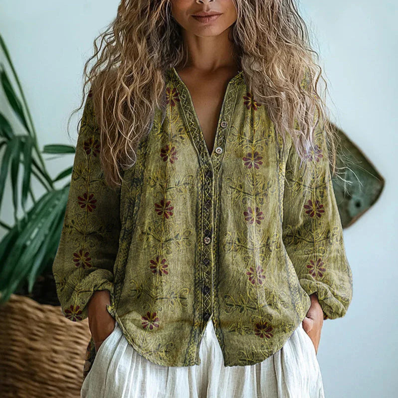 Autumn | Women’s Long Sleeve V Neck Printed Blouse