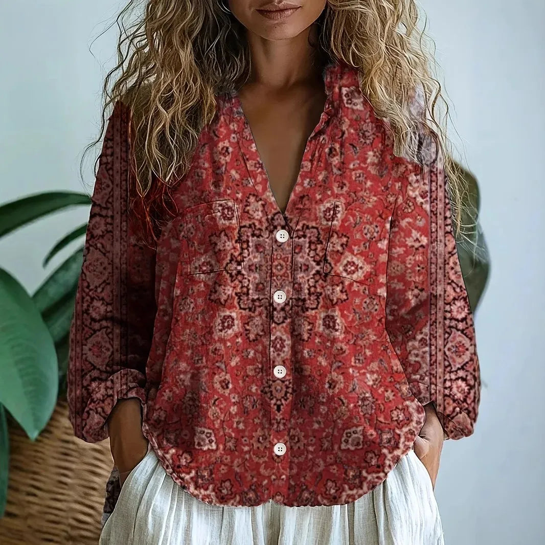 Autumn | Women’s Long Sleeve V Neck Printed Blouse