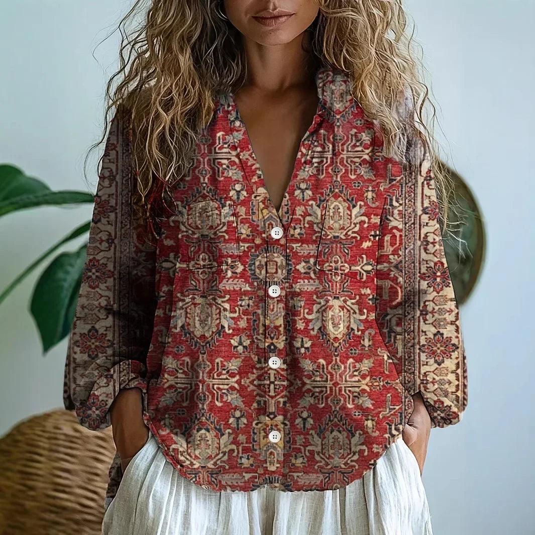 Autumn | Women’s Long Sleeve V Neck Printed Blouse