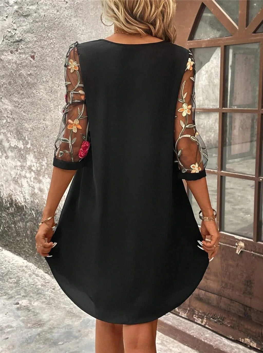 Azalea | Women’s Floral Print Sheer Elbow Sleeve Mini Dress