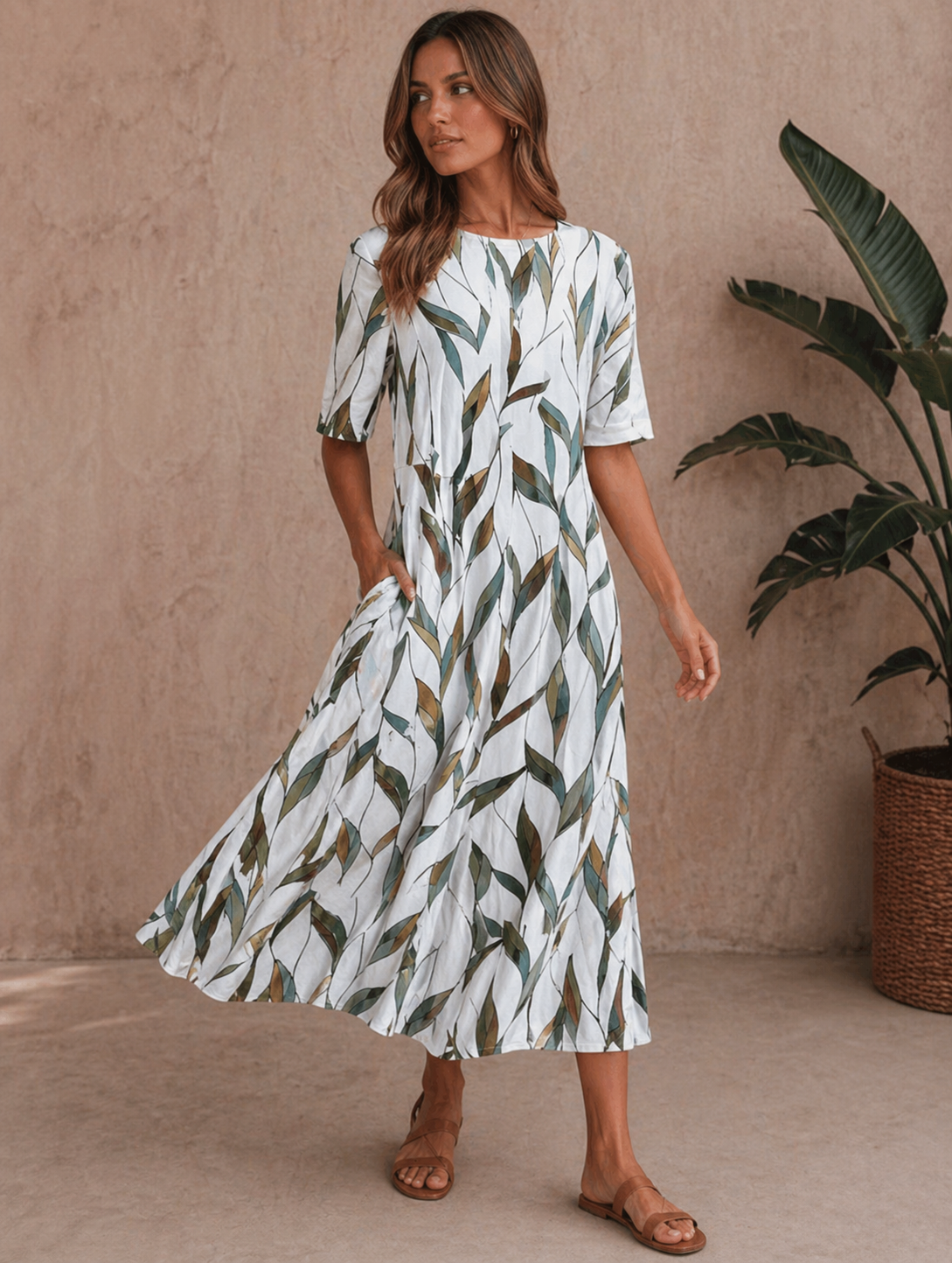 Beatrix | Women’s Elbow Sleeve Flowy Boat Neck Midi Dress