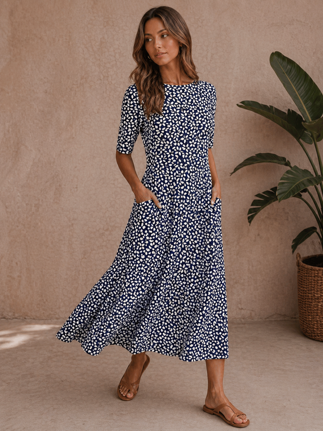 Beatrix | Women’s Elbow Sleeve Flowy Boat Neck Midi Dress
